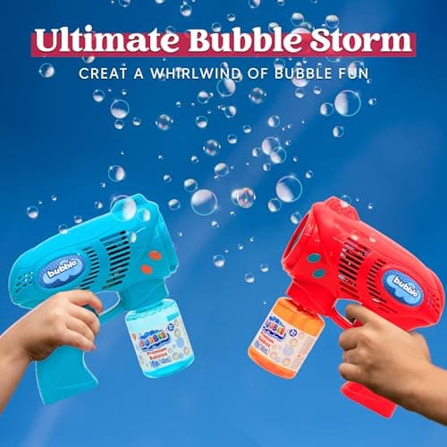 JOYIN 2 Bubble Guns with 2 Bubble Refill Solution (10 oz Total), Bubbles Maker, Blower, Machine Gun Blaster for Kids, Toddlers, Outdoors Activity, Party, Birthday Gift, Easter Bubble Toys (Blue+Red)
