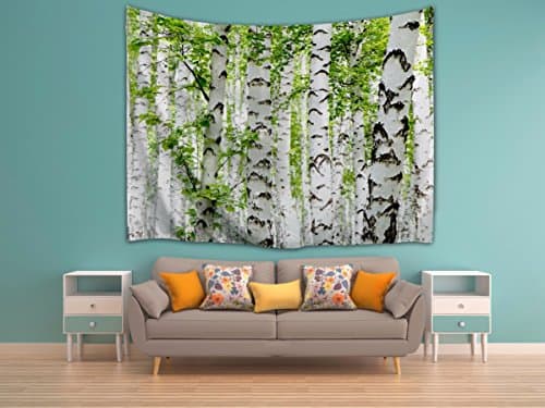 A.Monamour Birch Forest Trees Green Leaves Nature Scenery Print Textile Fabric Tapestry Wall Hangings Decorations For Kids Bedroom Decors 153X102Cm/60"X40"