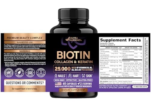 Biotin | Collagen | Hyaluronic Acid | Keratin - Hair Growth & Strength Support Vitamins - Skin & Nails Supplement - Clinically Tested for Men & Women - 25000mcg Vitamins B1, B2, B3, B6 & B7 - 60 Caps