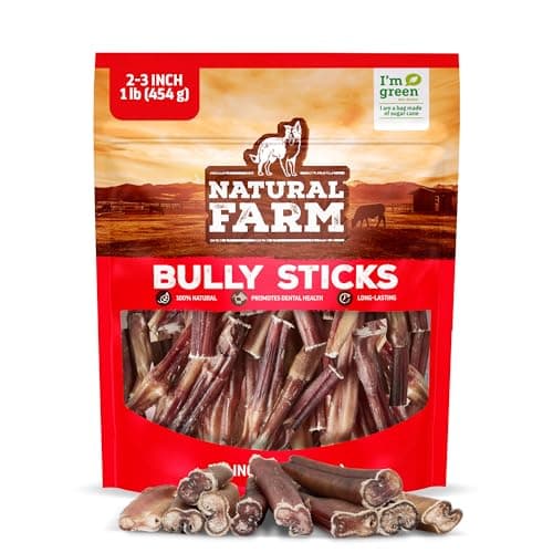 Natural Farm Odor Free Bully Sticks (2-3 Inch, 1 Pound) for Small & Medium Dogs - 100% Beef Chews for Pups, Non-GMO, Grain-Free, Fully Digestible Long Lasting Dog Treats