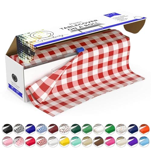 Grandipity Plastic Tablecloth Roll - 54in x 300 Ft. Red Gingham Checkered Plastic Table Cloths for Parties | Disposable with Cutter Box - Cut to Size Disposable Tablecloth for Rectangle & Round