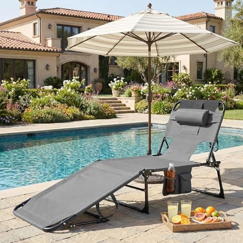 GYMAX Tanning Chair with Face Hole, Sun Bathing Lounge Chairs for Outside with Side Pocket, Folding Portable Face Down Layout Tanning Chair Beach, Backyard, Poolside, Lawn (1, Grey)