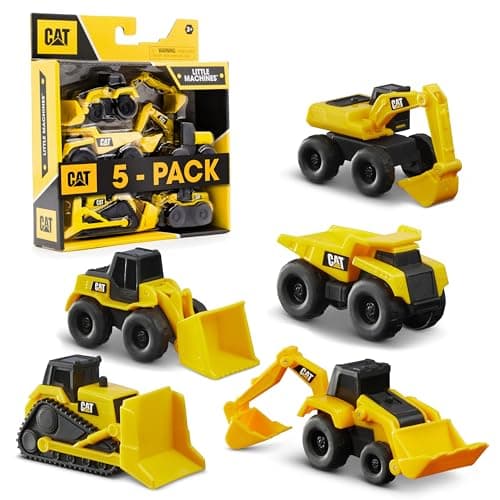 CAT Construction Toys, Little Machines 5-Pack - Mini Push-Powered 3” Yellow Construction Vehicle Toys with Articulated Parts, for Kids and Toddlers Ages 3+