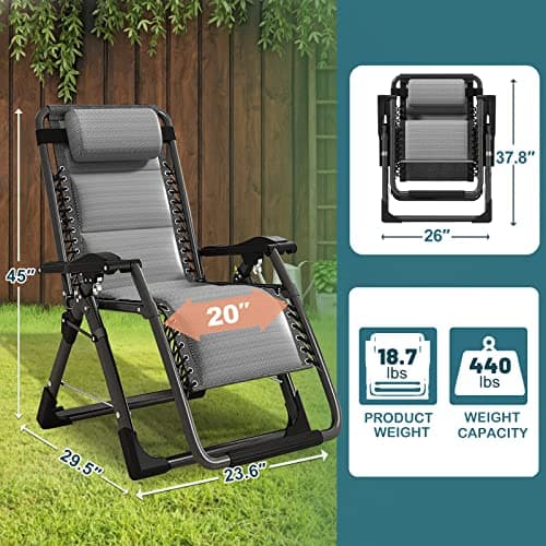 NAIZEA Padded Zero Gravity Chair, Cooling Fabric Folding Outdoor Lounge Chairs, Adjustable Reclining Camping Chairs with Cup Holder, Ergonomic Patio Lawn Chair for Balcony Beach Deck Yard