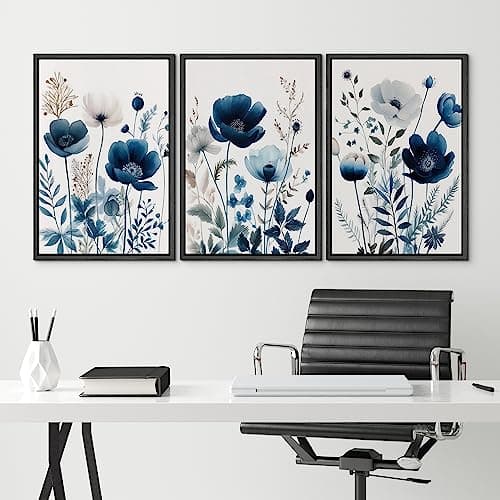 NWT Framed Canvas Print Wall Art Set Navy Blue Wildflower Lily Daisy Garden Nature Wilderness Illustrations Modern Art Decorative Minimalist Floral Botanical Flowers for Bedroom - 16"x24"x3 Black