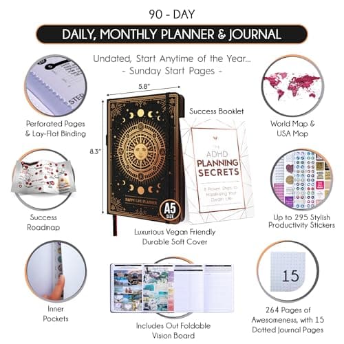 Adhd Daily Planner - A Self Care Personal Gratitude Journal to Increase Productivity and Success in Life & Work, Weekly & Monthly Undated Planner for Women and Men, Vision Board & Organizer + Stickers