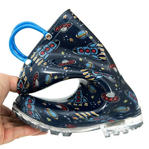 HugRain kids Boys Rain Boots Toddler Light Up Printed Waterproof Shoes Lightweight Adorable Cute Navy Blue Cosmos Rubber with Easy-On Handles and Insole (Size 13,Navy)