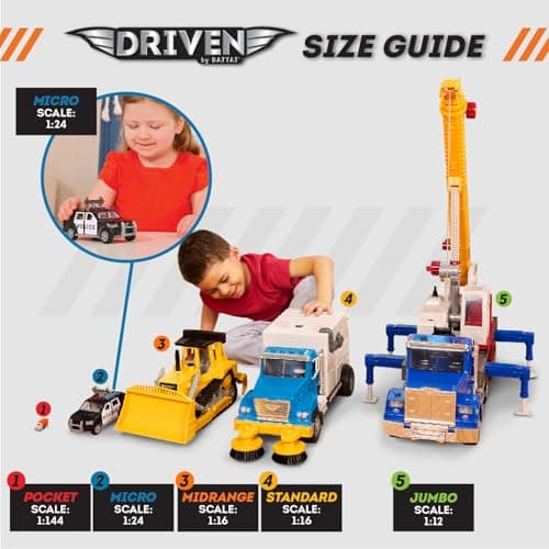 Driven by Battat – 7-Inch Crane Truck Toy with Lights & Sounds, Movable Parts, Construction Vehicle for Boys & Girls, Durable Design, Realistic Details, Gift 3+ Years Toy for Kids