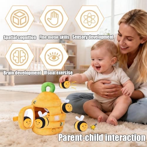 Baby Toys 6-12 Months- Baby Soft Beehive Toy with 5 Sensory Bees Soft Plush Montessori Toy with Rattles, Crinkle & Mirror Gift for 1 Year Old Boys & Girls Shower & First Birthday Present(Yellow)