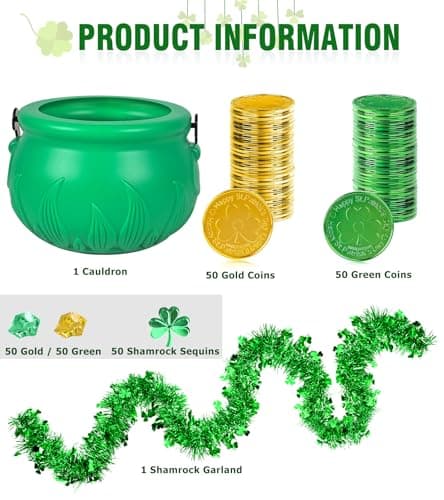 252Pcs St.Patrick's Day Green Pot Set 5.7" St Patrick’s Day Leprechaun Plastic Cauldron Bucket with Shamrock Coins Gems Shamrock Garland & Sequins for St. Patrick's Day Party Decor