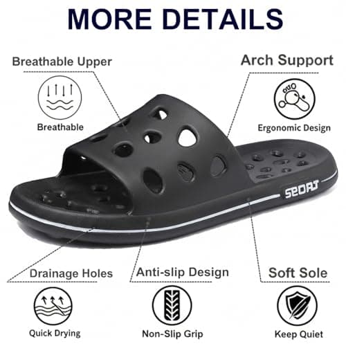 FINLEOO Shower Shoes for Women Men, Quick Drying Shower Sandals with Drain Holes Non-Slip Pool Slides Comfortable Lightweight House Slippers-Black