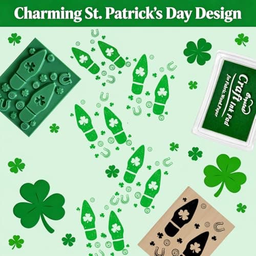 Leprechaun Footprints Stamp St. Patrick's Day Leprechaun Trap Shamrocks Rubber Stamp with Ink Pad, Green Elf Tracks Feet Stamps for St. Patrick's Day DIY Craft Supplies Decoration