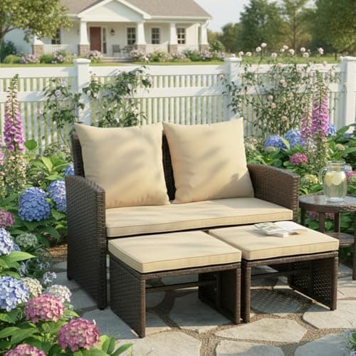 Tangkula Outdoor Loveseat with 2 Ottomans, 3 Pieces Patio PE Wicker Furniture Set with Cushions, Outside Rattan Conversation Set for Balcony, Garden and Backyard (Brown)