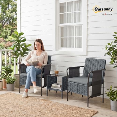 Outsunny 3 Piece Wicker Patio Furniture Set, Outdoor Bistro Set with Side Pockets, Mesh Seat, 2 Tier Glass Table, Cushions, Outdoor Conversation Furniture for Porch Balcony, Grey