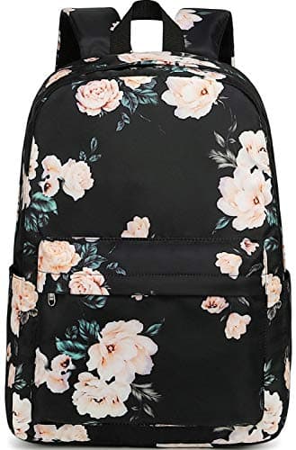 School Backpack for Teen Girls Floral Laptop Book Bag Travel Daypacks (Black-0066)