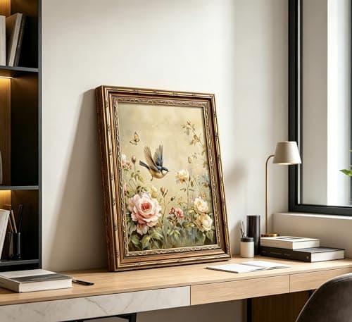 Vintage Gold Framed Bird Wall Art Spring Cottagecore Painting Canvas Sparrow And Butterfly In The Rose Bush Picture Wall Decor Whimsical Floral Aesthetic Print Artwork For Living Room Bedroom
