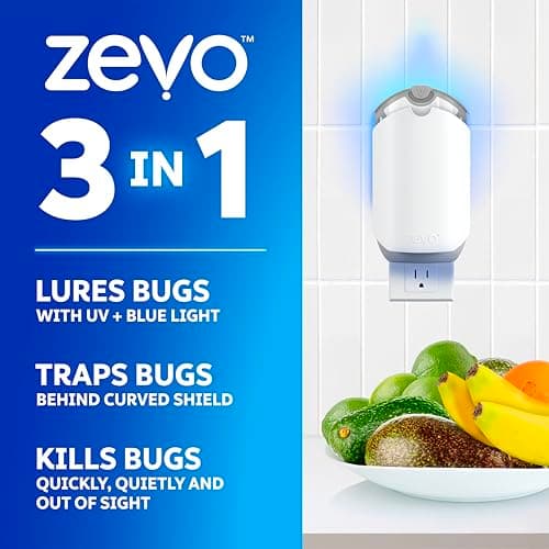 Zevo Flying Insect Trap - Plug-in Indoor Fly Trap and Bug Light Trap Refill with Blue and UV Light - No-Mess Cartridge for House Flies, Fruit Fly Trap and Gnats (1 Plug-in Base and 3 Cartridges)