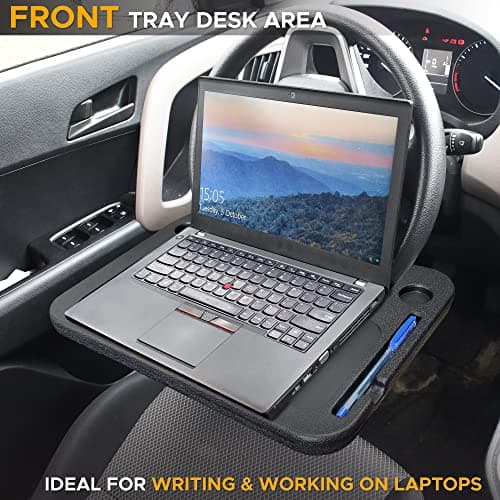 EcoNour 2 in 1 Car Steering Wheel Desk | Steering Wheel Tray for Laptop Car Mount with Pen Holder | Food Tray for Eating with Drinks Holder | Multipurpose Travel Accessories