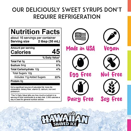 Hawaiian Shaved Ice 6 Syrup Assortment - Cherry, Grape, Blue Raspberry, Tiger's Blood, Lemon-Lime, Pina Colada - 50+ Servings - No Refrigeration - 16 oz bottles