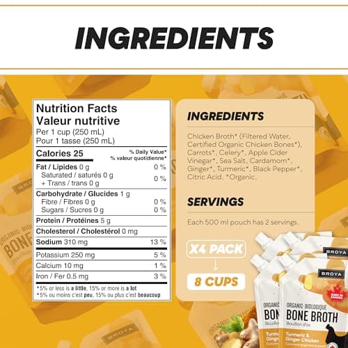 BROYA Turmeric & Ginger Chicken Bone Broth - Collagen Protein Rich and 100% Organic Chicken Broth - Keto and Paleo Friendly, Gluten-Free - Ready to Sip or Cook - 500 ml (Pack of 4)