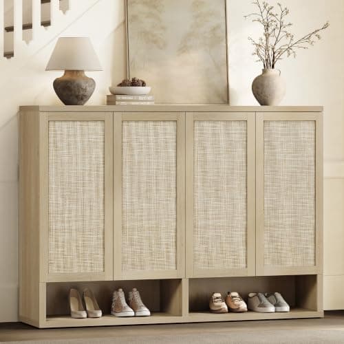 SICOTAS 65.6" Wide Rattan Shoe Storage Cabinet for Entryway with Doors