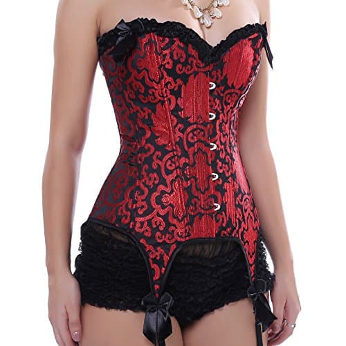 HNGHOU Women's Sexy Corset Bustier Push up Overbust Corset Top with Garter Belt (Red,Large)