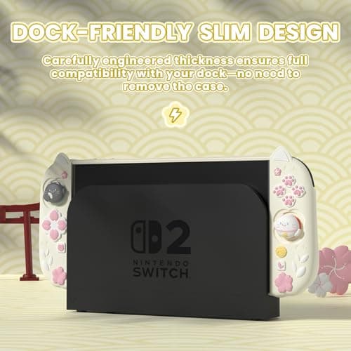 PlayVital Cherry Blossoms Kitten Protective Case for Nintendo Switch 2 with Stand | Cute Cat Ear & Paw Silicone Grips, Dockable Hard Shell, 2 Joystick Caps, Full-Body Protection Cover - Antique Yellow