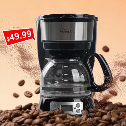 HousesAid 5-Cup Programmable Drip Coffee Maker with Digital Timer, Glass Carafe,24-Hour Auto Brew,2-Hour Auto Shut-Off, Pause & Pour, Removable Filter Basket,Compact Coffee Machine for Home & Office