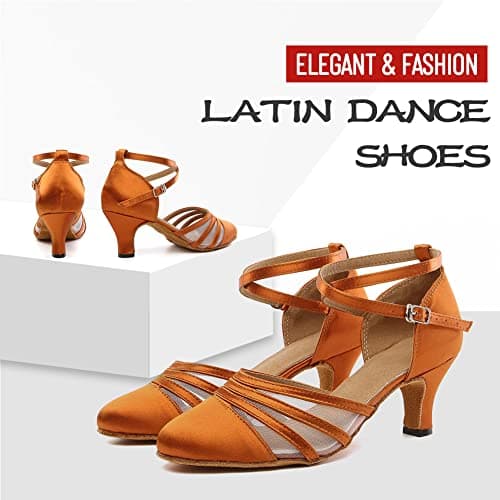DKZSYIM Women's Satin Latin Dance Shoes Close Toe Ballroom Performance Dancing Shoes,YCL189-Brown-6,US 7