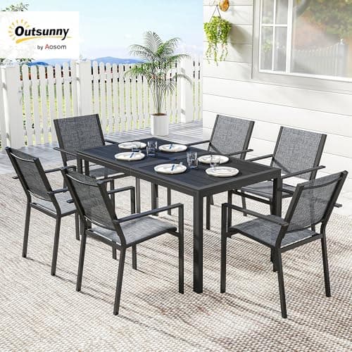 Outsunny 7 Pieces Outdoor Dining Set for 6, Rectangle Wood Effect Metal Patio Table and Mesh Stackable Chairs with Umbrella Hole, Patio Furniture Set for Garden, Yard, Black