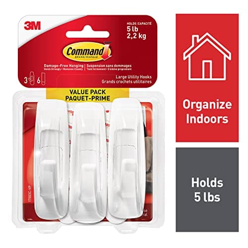 Command Large Utility Hooks, Damage Free Hanging Wall Hooks with Adhesive Strips, No Tools Wall Hooks for Hanging Back to School Dorm Organizers, 3 White Hooks and 6 Command Strips
