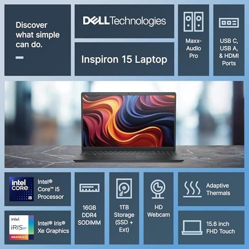 Dell Inspiron 15 Touchscreen Laptop for 2025-2026 Business Student Home, AI Computer, 15.6" FHD, 10-Core Intel i5, 16GB RAM, 1TB Storage (512GB SSD+500GB Ext) MarxsolAddon, Win 11 Pro, Lifetime Office