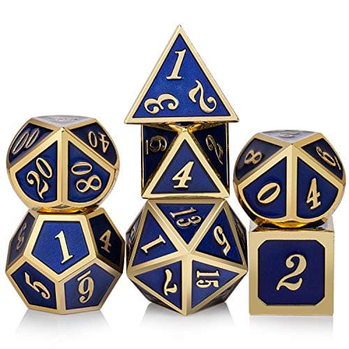 DNDND Heavy Polyhedral Metal Dice Set with Metal Box, 7-die Shiny Blue Surface with Golden Number for RPG,Dungeons and Dragons,Pathfinder,Shadowrun,D&D,Role Palying Game and Math Teaching