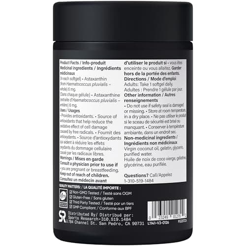 Sports Research® Astaxanthin Supplement from Algae - Softgels for Antioxidant Activity, Skin & Eye Health Support - Made with Coconut Oil, Non-GMO Verified & Gluten Free - 6mg, 120 Count