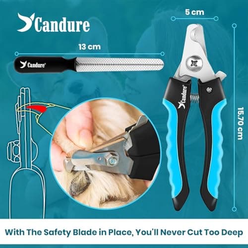 Candure Dog Nail Clippers and Trimmer with Safety Guard to Avoid Over-Cutting Toe Nails- Professional Grooming Razor Edge Blades Pet Nail Clipper with Free Nail File for Small Medium Large Breeds