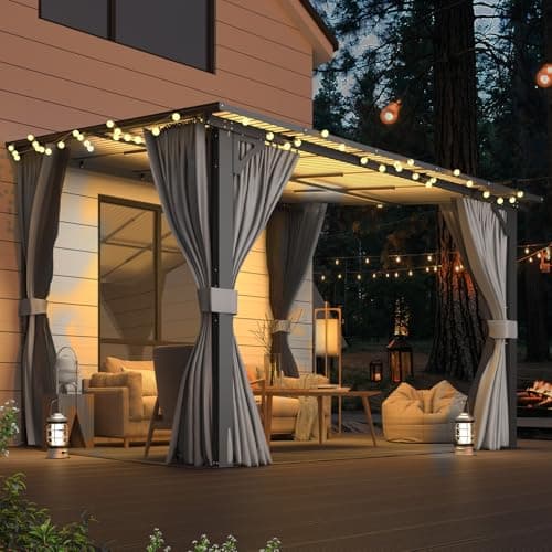 U-MAX 10’ x 10’ Gazebo, Wall Mounted Gazebos Pergola with Curtains and Mosquito Netting, Enhanced Protective Outdoor Patio Lean to Gazebo Awnings for Deck, Porch, Backyard and Outside
