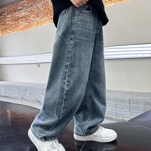 Baggy Jeans Boys Y2K Straight Wide Leg Denim Pants Kids Casual Elastic Waist Loose Trousers Pocket Streetwear Vintage Clothes (CA/US, Age, 15 Years, 16 Years, Blue)