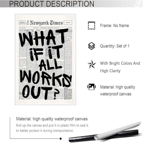 Drimiler Retro Black And White Newspaper Poster What If It All Works Out Canvas Wall Art Positive Affirming Quote Minimalist Prints Painting For Home Bedroom Dorm Wall Decor 8x12in Unframed
