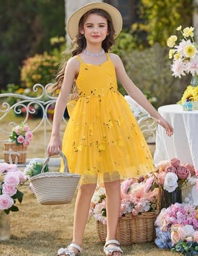 Arshiner Toddler Girls Tulle Dress Bowknot Tutu Birthday Princess Embroidery Yellow Floral Dresses Formal Photoshoot Outfit Summer Clothes 5-6Years