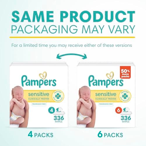 Pampers Baby Wipes Sensitive, Clinically Proven, Fragrance Free, Water Based, Hypoallergenic Baby Wipes, 4X Flip-Top Packs (Count of 336)