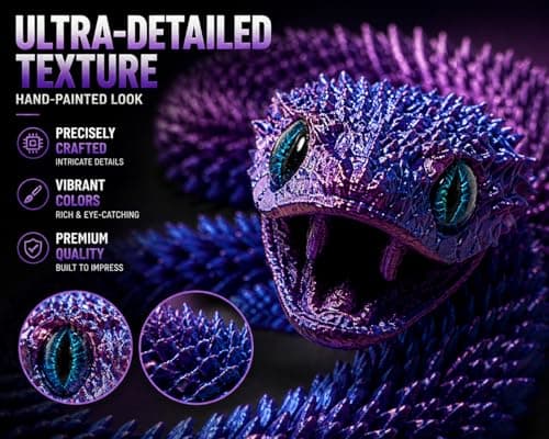 Articulated Crystal Snake – 3D Printed Flexible Snake Figurine, 58 cm (23 in) Poseable Serpent with Movable Mouth, Realistic Eyes, Fantasy Desk Decor (Ages 14+), (Purple)