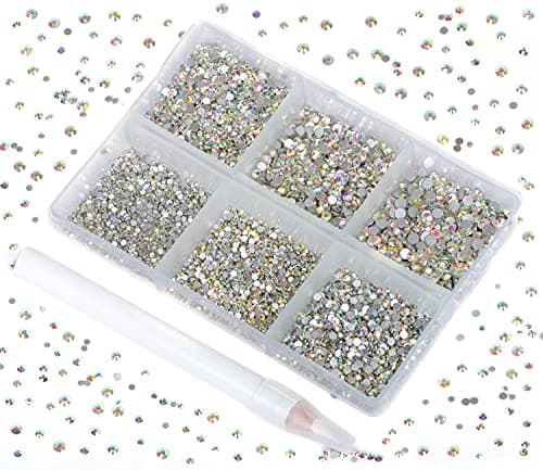 Bymitel 7200 Pieces 6 Mixed Sizes Glue Fix on Glass Rhinestones Round Crystal Gems Flatback for DIY Jewelry Making with one Picking Pen (6-Sizes 7200PCS, Crystal AB)