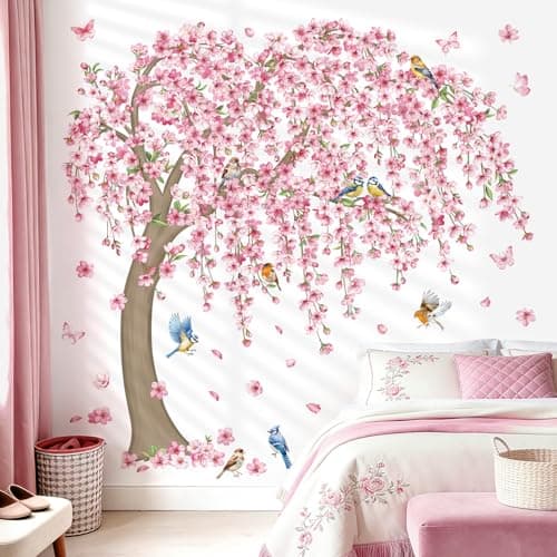 decalmile Large Cherry Blossom Tree Wall Stickers Pink Flower Branch Birds Wall Decals Girls Bedroom Living Room Sofa TV Background Home Decor