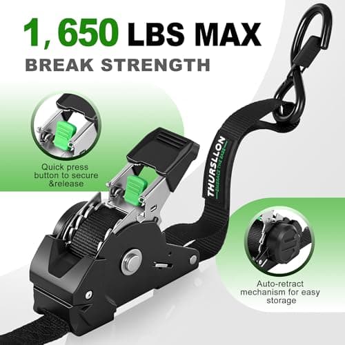 THURSLLON Retractable Ratchet Straps (4-Pack) - 1 Inch x 10 Feet (1,650lb Break Strength) - Auto Self Retracting Tie Down Straps for Truck, Cargo Trailer, Motorcycle, ATV, UTV - Black
