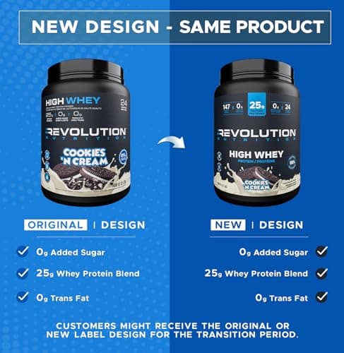 Revolution Nutrition, High Whey, Protein Powder 2LB, Whey Protein, Gluten Free, 25g of Protein Per Scoop, 908 g, 24 Servings (Cookies and Cream, 2 Pound)
