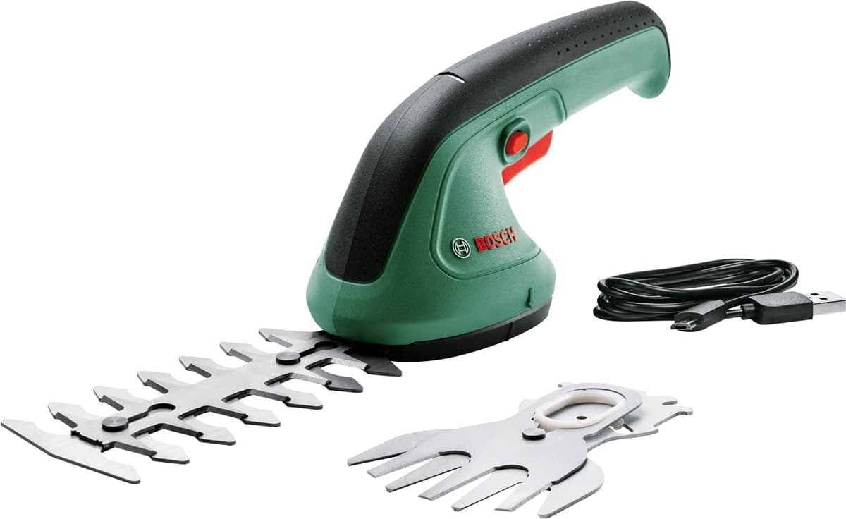 Bosch Cordless Hedge Trimmer and Grass Shear - EasyShear (Integrated 3.6V, Battery runtime: 40 min, Blade Length: 12cm (Shrub) / 8cm (Grass)