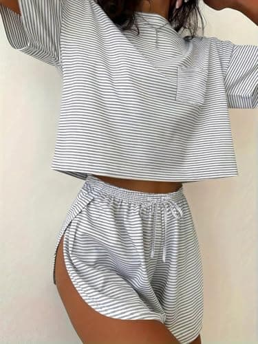 Ekouaer Womens Striped Pajama Sets Sexy Lounge Sets Side Split Short Pj Sets Cute Pjs 2 Piece Comfy Sleepwear Loungewear Gray-White Stripes X-Large