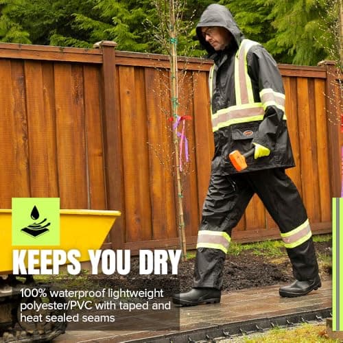 Pioneer Hi Vis Waterproof Lightweight Rainsuit - Work Safety Hooded Jacket and Bib Pants - Adjustable Pant Length - Black