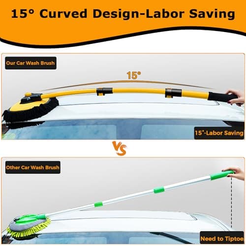 15° Arch Car Wash Brush with Long Handle 43" Telescopic Truck Camper Cleaning Mop RV Automotive Wheel Boat Windshield Exterior Interior 2 in 1 Microfiber Carwash Duster Not Hurt Paint Scratch Free