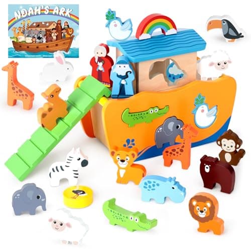 Hoarosall 27-Piece Wooden Noah's Ark Toy for 1-3 Year Olds Baptism Christmas Birthday Gift Bilingual Bible Story Montessori Shape Sorter Christian Educational Toy for Boys Girls